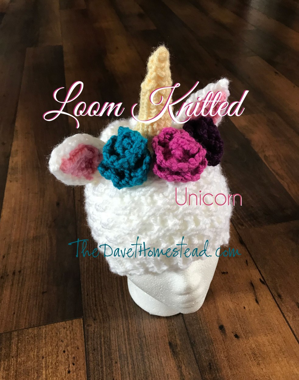 Loom Knitted Unicorn Hat with flowers